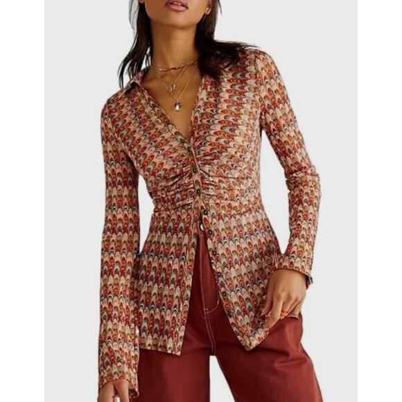 Free People Lucky Shirt Womens XS Canyon Combo Mesh Sheer Ruched Boho Indie - Picture 2 of 16